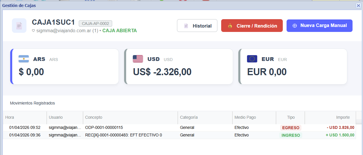 Estado de caja con resumen en ARS, USD y EUR en tiempo real de SIGMMA